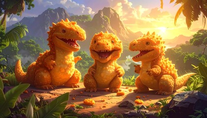 Three adorable orange dinosaur cartoon characters, smiling warmly, stand in a lush green prehistoric jungle scene during a sunset