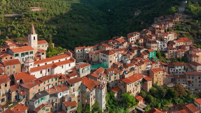 Aerial view of the picturesque hilltop town of Apricale, Liguria, Northern Italy