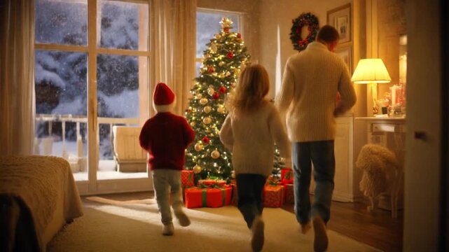 Children running toward a decorated Christmas tree in a cozy, snow-filled holiday room.