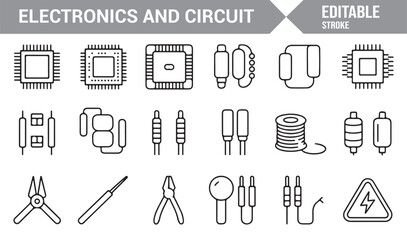 Vector outline electronics icons pack for energy, power, and hardware concepts
