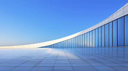 Obraz premium Stunning architectural design featuring sleek, curved structure with large glass windows reflecting clear blue sky
