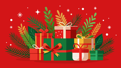 Vector art of christmas gifts with fir branches and snowflakes on a red background, creating a joyful and celebratory holiday atmosphere