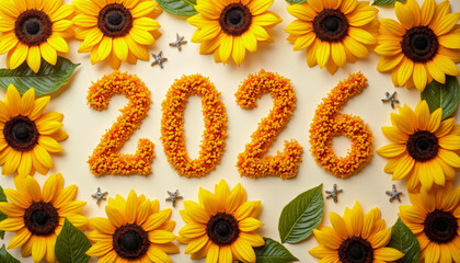 Orange Numbers 2026 with Sunflowers and Leaves