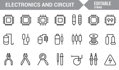 Editable stroke electronic component icons with chip, wire, and resistor design