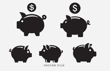 Fototapeta premium Black and white piggy bank icons showing different perspectives and angles