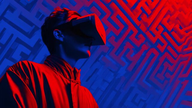 A Futuristic Immersive Experience: A User Engaged in Virtual Reality with a Headset Amidst a Stunning Geometric Background, Illustrating the Depths of Technology and Imagination