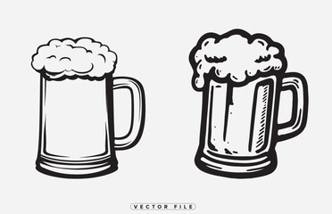 Two overflowing mugs of frothy beer sketch illustration in black and white