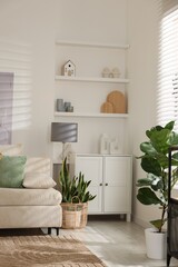 Stylish living room with lamp, houseplants and sofa. Interior design
