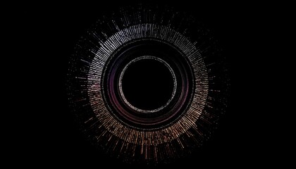Abstract digital artwork of concentric circles and radiating lines, with a central dark void on a black background