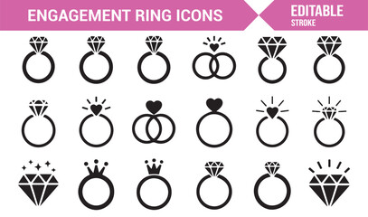 Linear engagement ring icons pack for wedding, jewelry, and luxury concepts