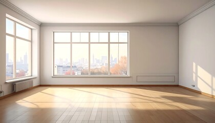 Obraz premium Bright Empty Room with Large Windows and Wooden Floor.