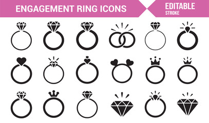 Vector outline engagement ring icons for love, marriage, and celebration themes