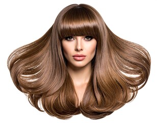 Naklejka premium A beautiful woman with long, flowing brown hair and bangs, gazing at the viewer. Her skin is smooth, and her lips are full