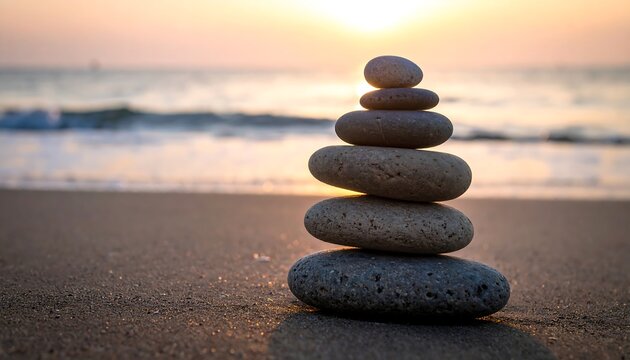 Serene scene featuring a balanced stone stack on a sandy beach at dusk. Calm ocean waves lap at the shore. Soft light bathes the scene