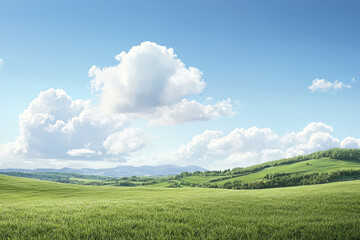 Serene countryside landscape featuring lush green fields, rolling hills, and clear blue sky with fluffy clouds