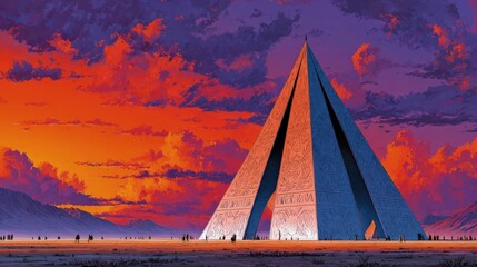 Digital Pyramid Structure At Colorful Sunset Landscape