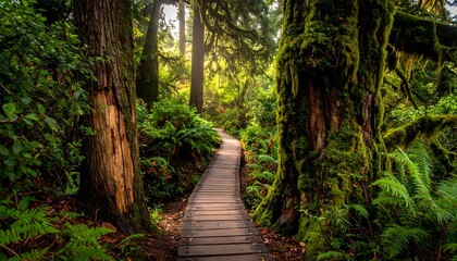 Fototapeta premium A wooden path weaves through a lush, moss-covered forest, sunlight filtering through the canopy