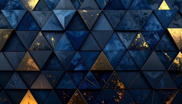 Abstract geometric art featuring a mosaic of triangular shapes in shades of blue, gold, and gray. Surface has a 3D effect