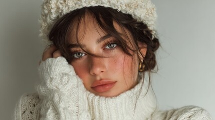 Elegant woman portrait with fluffy hat and stylish winter sweater outfit