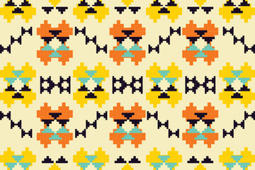 A vibrant tribal-inspired pattern in bold orange, yellow, turquoise, and black. Its playful symmetry and cultural charm add energy, warmth, and character to any creative or interior design project.
