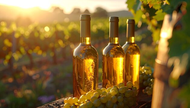 Three wine bottles stand on a wooden surface with grapes, in a vineyard during a sunlit sunset. Background bokeh of vines