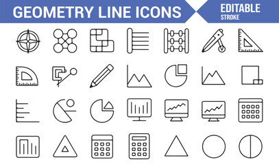 Line art vector icons showing geometric instruments, graphs, and diagrams