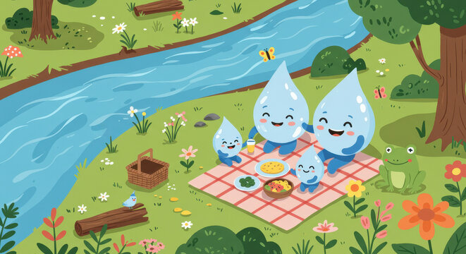 cute water droplet family enjoying picnic by river in lush park. concept of national water quality month. environmental awareness, sustainability, children's book illustration.