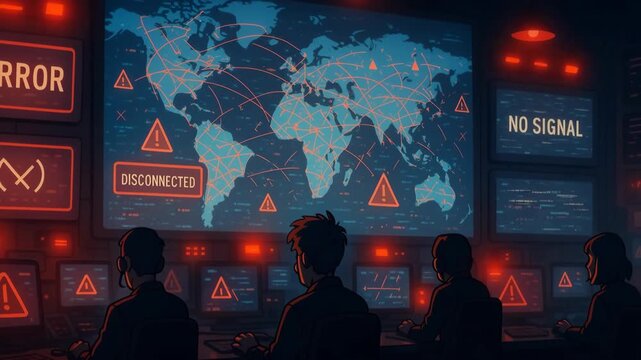 Analysts in a dimly lit control room observe a digital world map showing interconnected nodes and warning symbols indicating potential cyber attacks