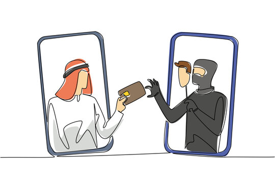 online scam: arab man, thief, phone, wallet clip art preview