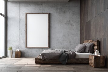 Minimalist bedroom with concrete wall, wooden bed, and blank art. Natural light floods the space
