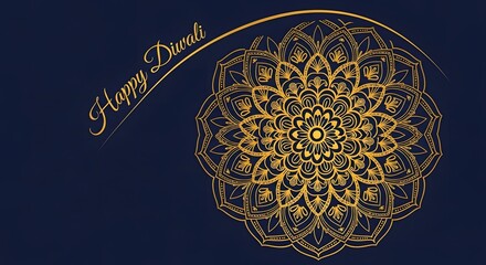 Elegant golden mandala design with "Happy Diwali" script on a dark blue background.
