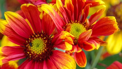 Fototapeta premium Close-up view of vibrant, red and yellow layered petals around a green center. Focus on intricate details of floral patterns in bright sunlight