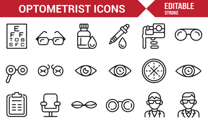 Medical optometrist tools icons including chart, drops, and examination symbols