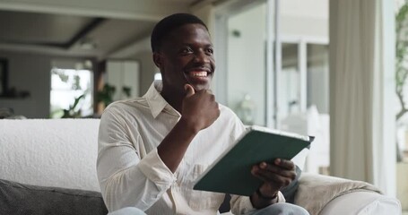Happy, tablet and black man in home with research for education, learning or college application. Thinking, planning and African male person with digital technology for student loan in apartment. - Powered by Adobe