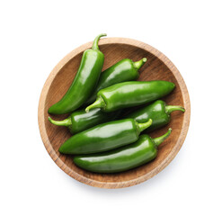 Green jalapeno peppers in bowl isolated on white, top view