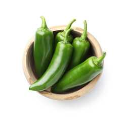Green jalapeno peppers in bowl isolated on white, top view