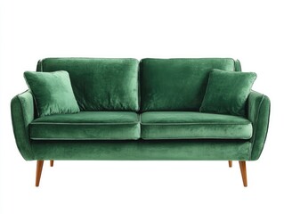 Deep green velvet sofa with mid-century legs