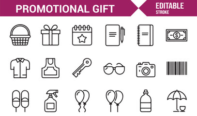 Editable stroke corporate gift vector icons set for business promotion themes