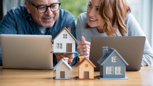 Digital mortgage process concept with couple using laptop and model house table showing modern home loan application and workflow with miniature