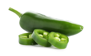 Whole and sliced green jalapeno peppers isolated on white