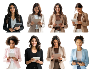 PNG Diverse women using tablets, element set on transparent background