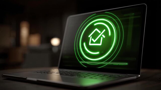 Digital mortgage process with glowing green house icon, check mark, and laptop screen dark modern office, secure online application, efficient