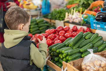 Rear view unrecognizable little boy son buying fresh cucumbers and tomatoes at farmer's market. Healthy nutrition concept. High quality photo