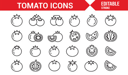 Editable stroke tomato icons pack for salad, healthy eating, and diet concepts