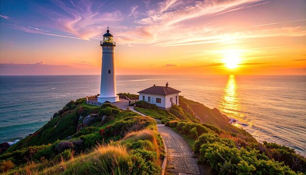 Coastal Lighthouse Shines Under Dramatic Sunset Skies With Green Hilltop Pathway Leading to Tower At Dusk