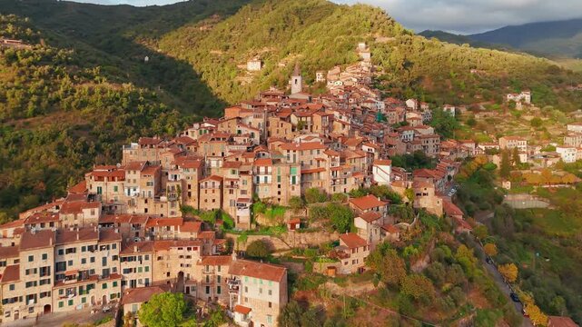 Aerial view of the picturesque hilltop town of Apricale, Liguria, Northern Italy
