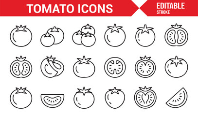 Minimal tomato icon collection showing fruit, seeds, and slices for food design