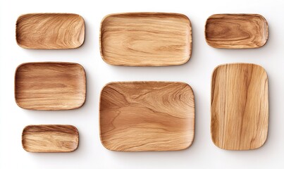 set of wooden plates, rectangular and oval-shaped wooden plates isolated on a white background, top view, Generative AI.