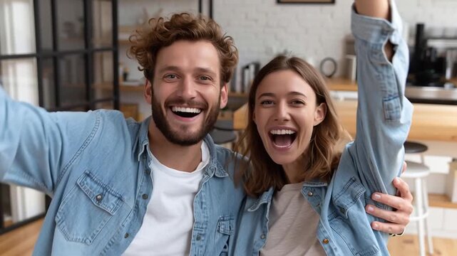 Digital mortgage process brings happiness as young couple smiles together celebrating new home, holding keys modern home interior with natural light