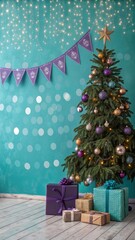 Create a photo realistic turquoise christmas background with bokeh lights and christmas tree and gifts, New Year or x-mas purple banner bokeh background with room for text, Resolution 300dpi